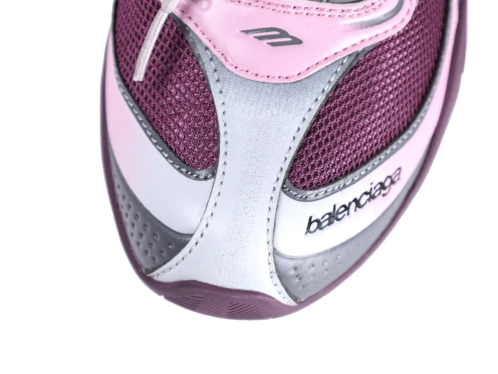 Bird's-eye view of the Balenciaga Radar Sneaker toe area featuring pink leather, grey mesh, and "Balenciaga" logo text.