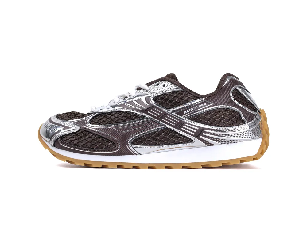 Lateral view of Bottega Veneta Orbit Sneaker in Fondant and Silver mesh with metallic overlays and gum sole