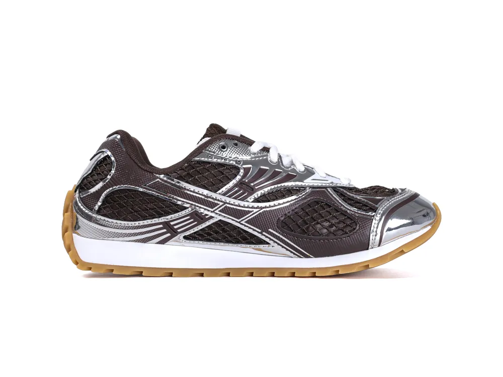 Full lateral view of Bottega Veneta Orbit Sneaker highlighting technical brown mesh and silver metallic overlays