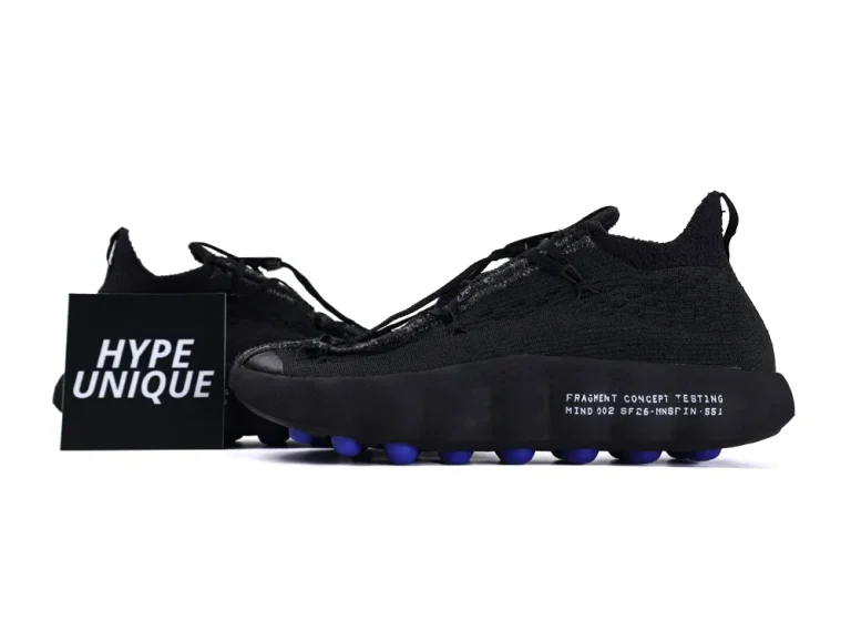 Fragment Design x Mind 002 Flyknit Black Pair Profile with Hypeunique Card