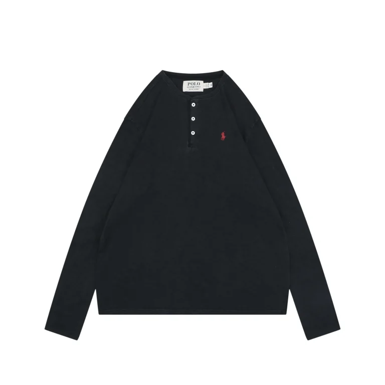 RL Pony Logo Henley Collar Long Sleeve Shirt Color Black