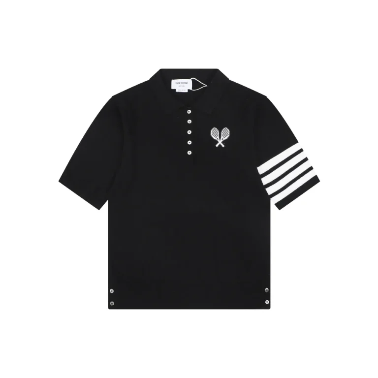 TB Tennis Racket Embroidered 4-Bar Knit Polo T-Shirt Color Black
