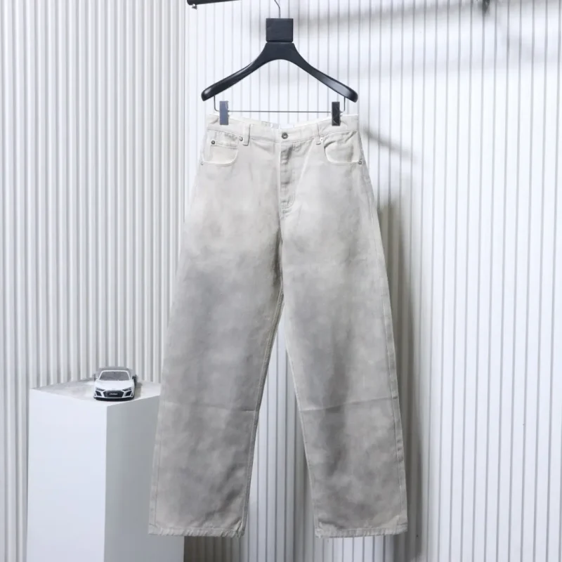 Distressed Wash Straight-Leg Denim Trousers