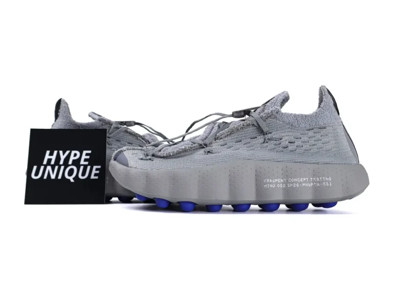 Fragment Design x Mind 002 Flyknit Particle Grey Pair Profile Display with Hypeunique Card