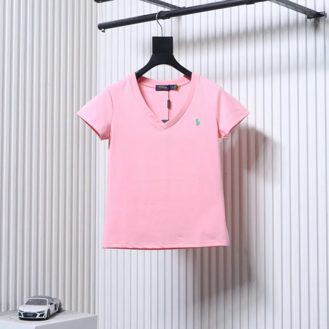RL Pony Embroidered V-Neck Cotton T-Shirt Color Pink