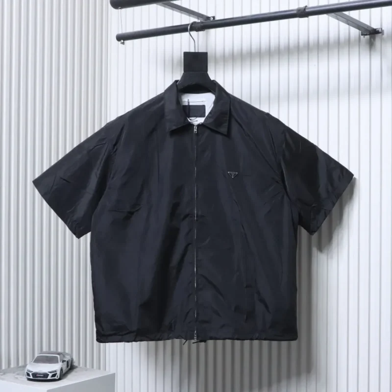 Triangle Logo Zip-Up Short Sleeve Nylon T-Shirt