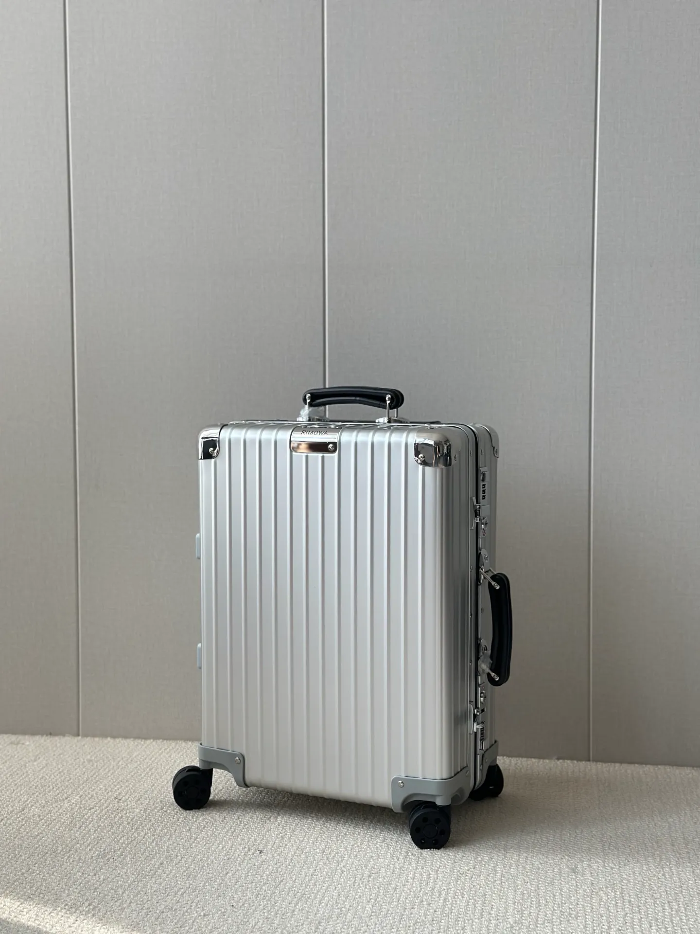 973 Retro Silver Aluminum Carry-On Suitcase Front View