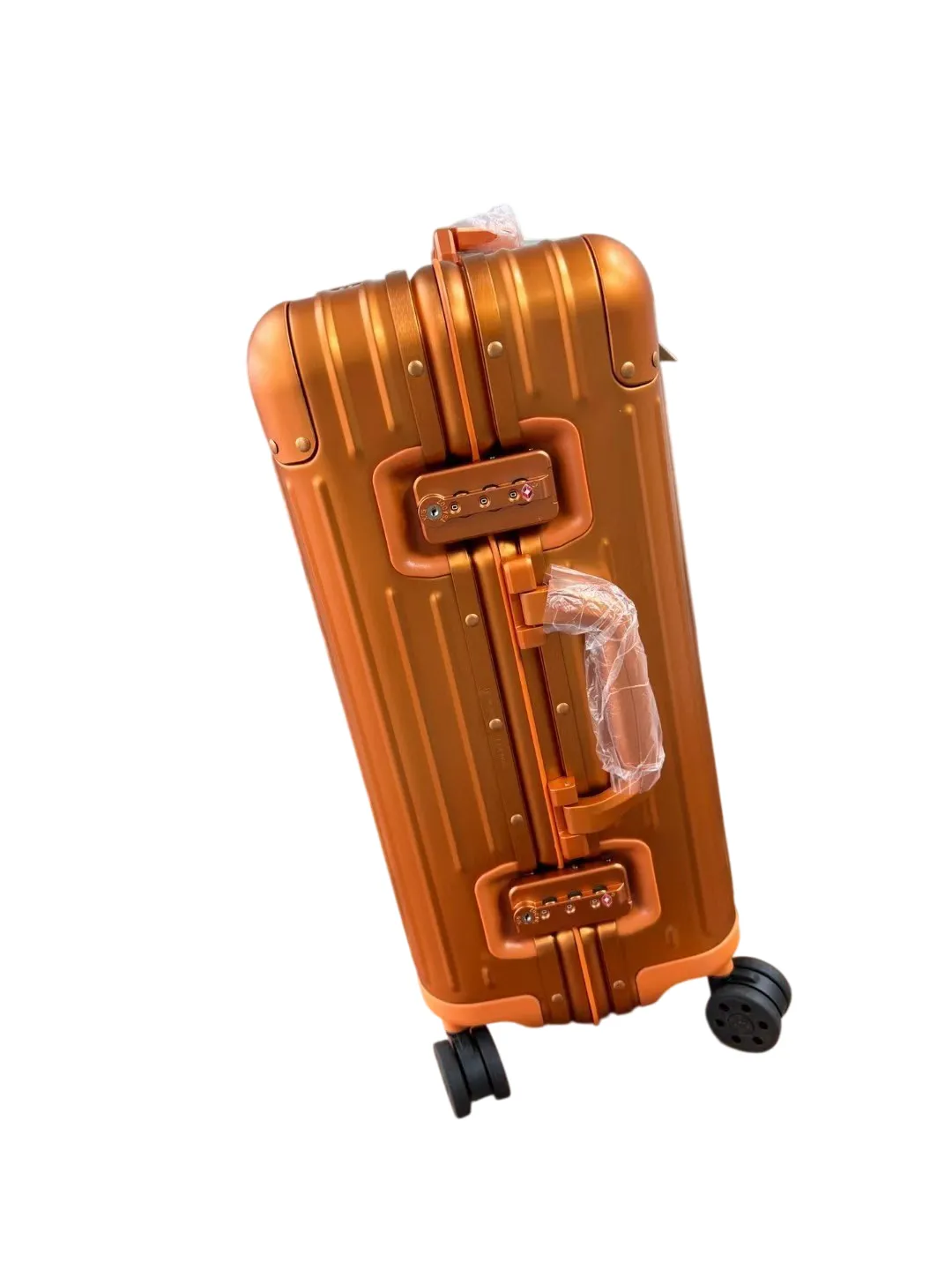 Orange aluminum luggage side view