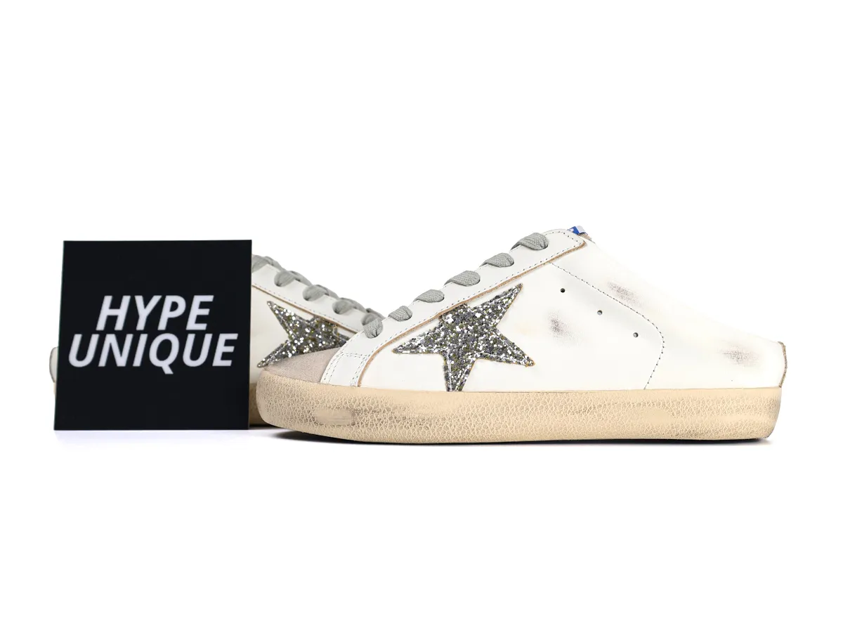Super-Star Sabot White Leather Glitter Star Slip-On Sneakers Side Profile