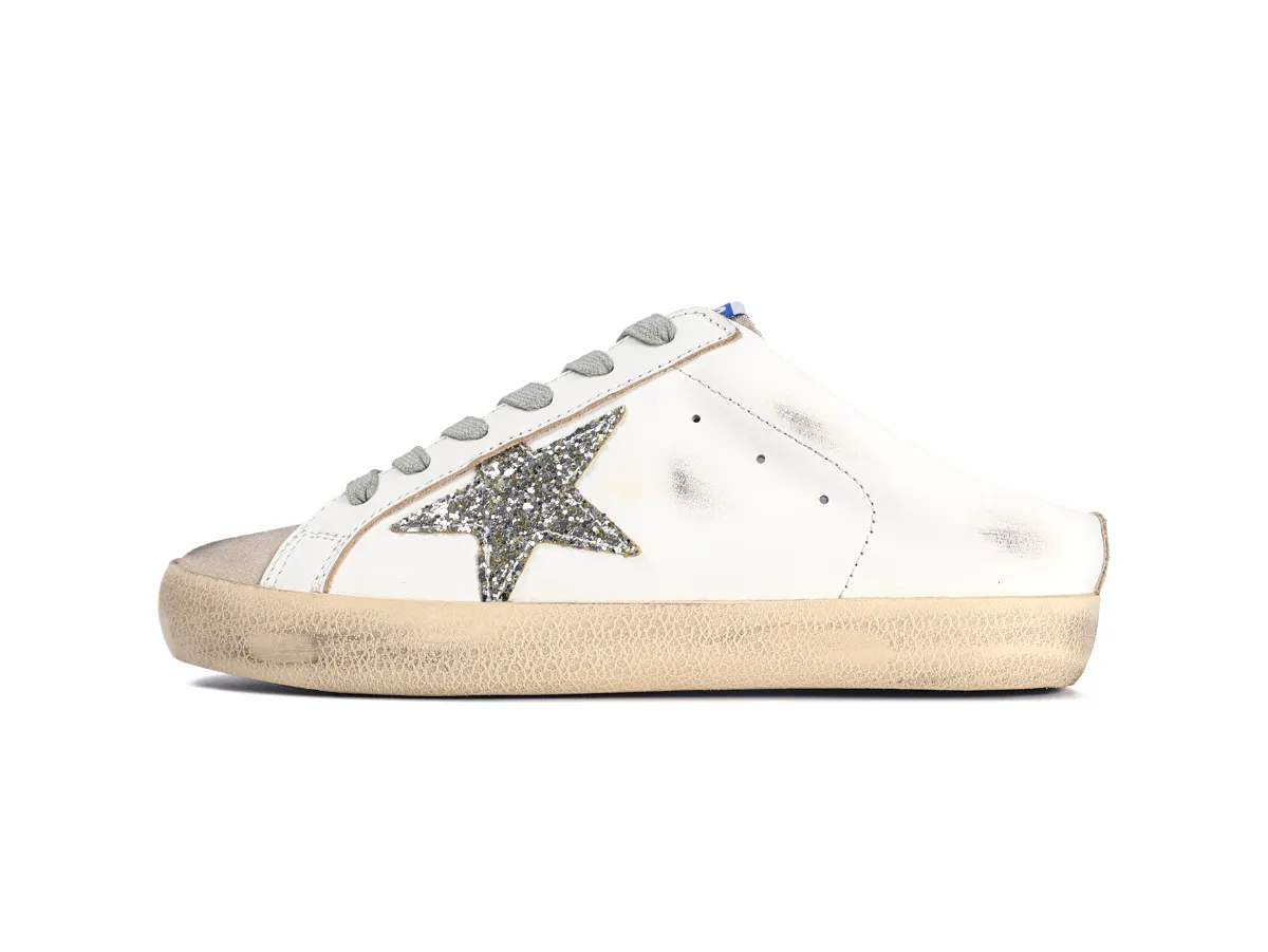 Super-Star Sabot White Leather Glitter Star Slip-On Sneakers Left Side View