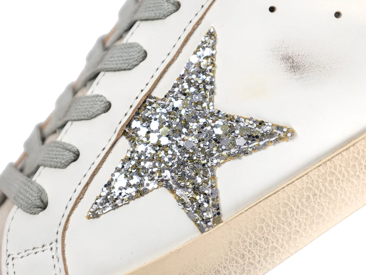 Super-Star Sabot White Leather Glitter Star Slip-On Sneakers Side View with Logo