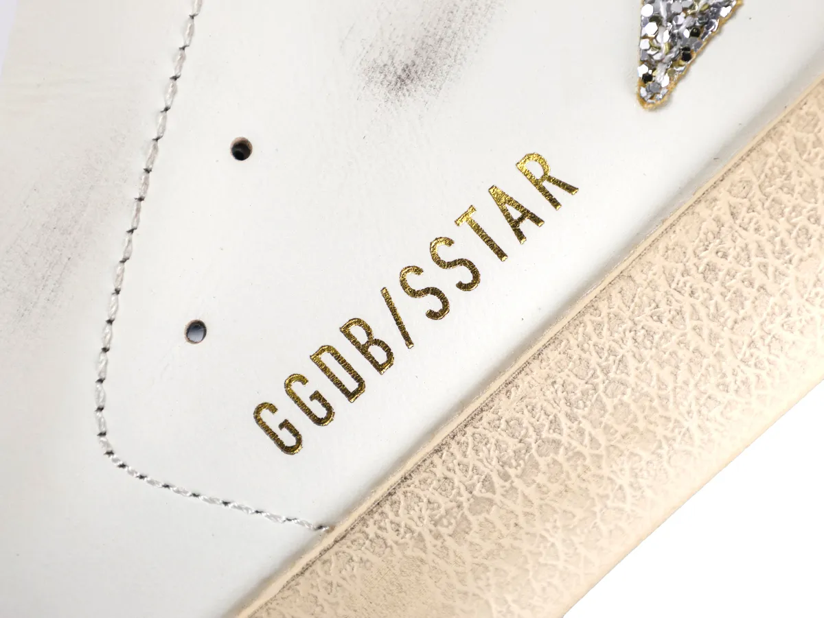 Super-Star Sabot White Leather Glitter Star Slip-On Sneakers Side View