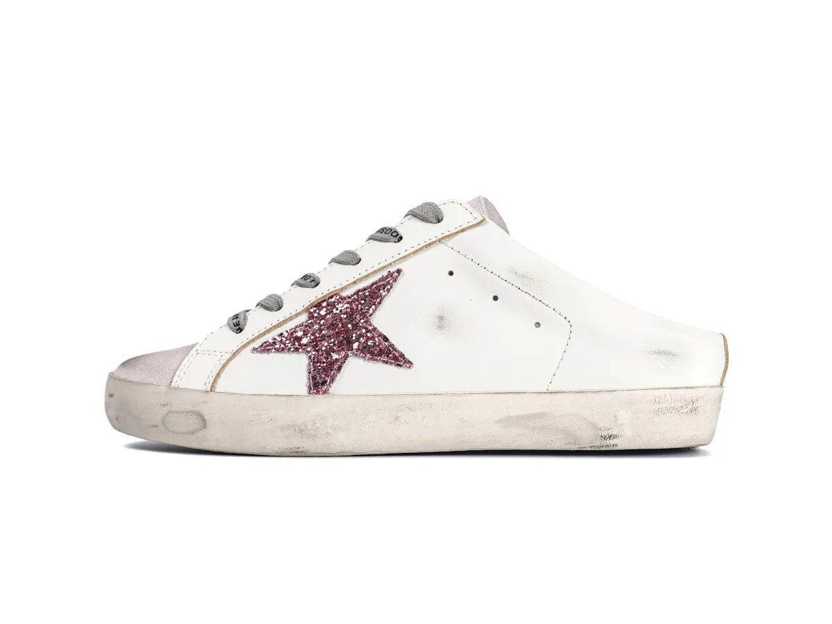 Super-Star Sabot White Pink Glitter Star Sneakers Left Side View