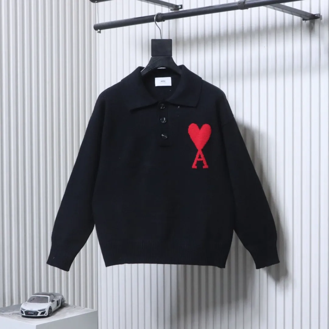 AMI Large Heart Jacquard Polo Sweater