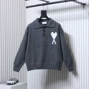 AMI Large Heart Jacquard Polo Sweater