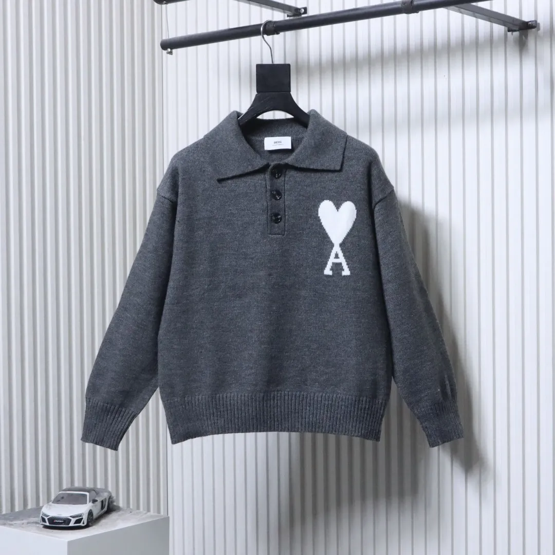 AMI Large Heart Jacquard Polo Sweater