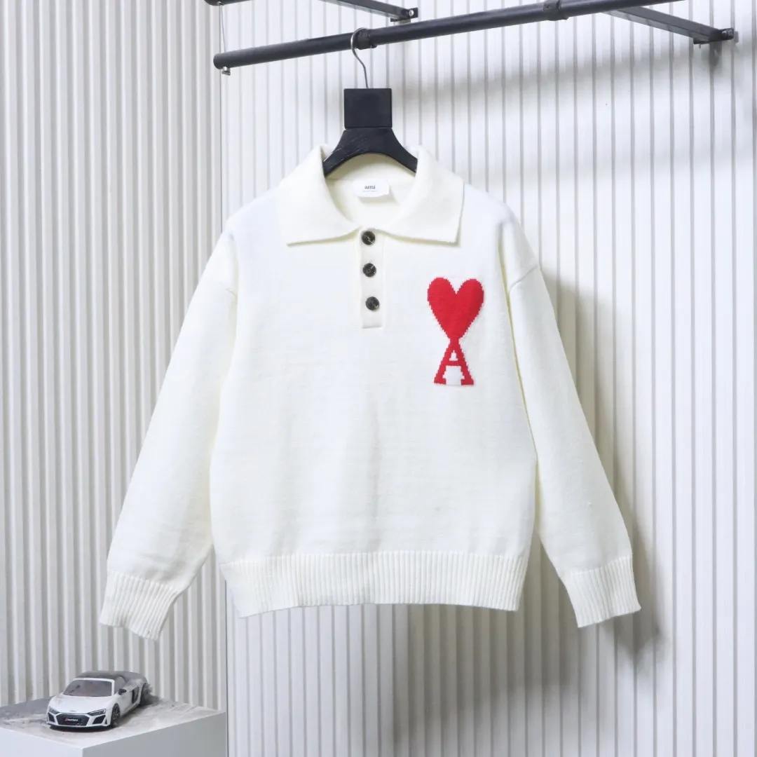 AMI Large Heart Jacquard Polo Sweater