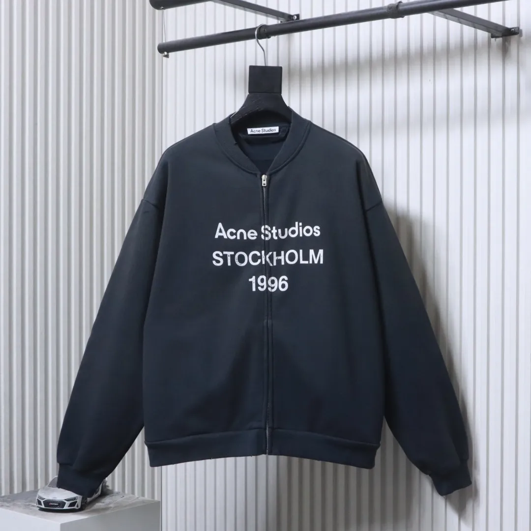 Acne 1996 Distressed Logo Zip-Up Baseball Jacket