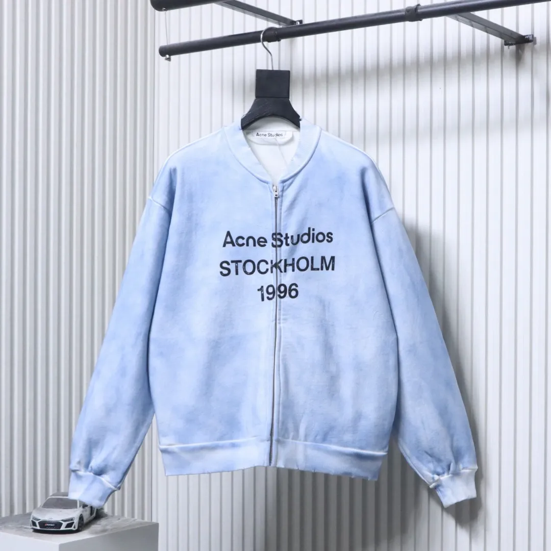 Acne 1996 Distressed Logo Zip-Up Baseball Jacket