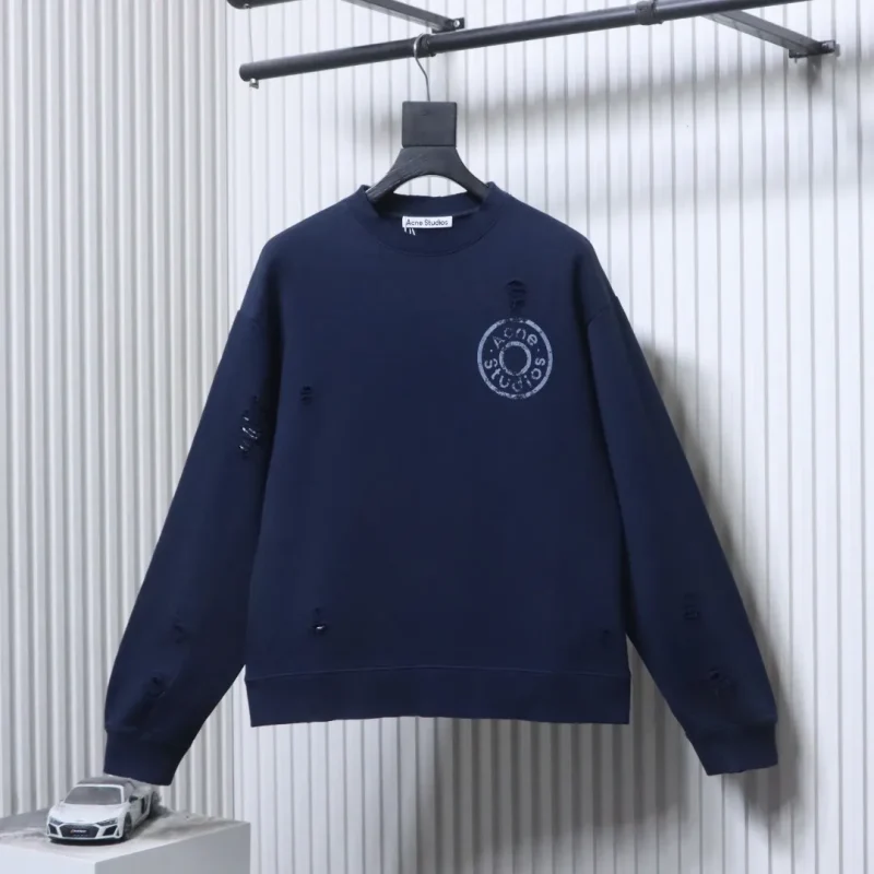 Acne Distressed Badge Cotton-Linen Crewneck Sweatshirt