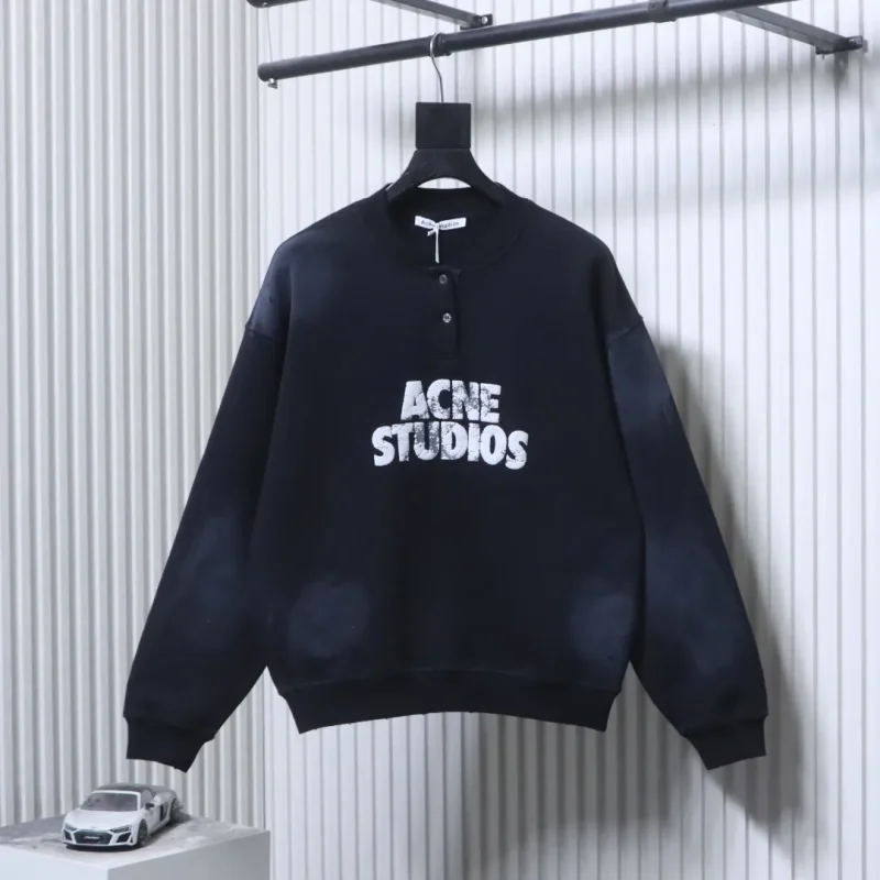 Acne Distressed Logo Henley Collar Sweatshirt