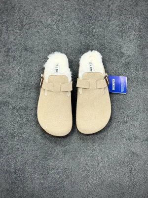 BK Boston Antique White Shearling-Lined Suede Leather Clogs