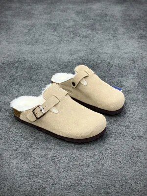 BK Boston Antique White Shearling-Lined Suede Leather Clogs Angeled View
