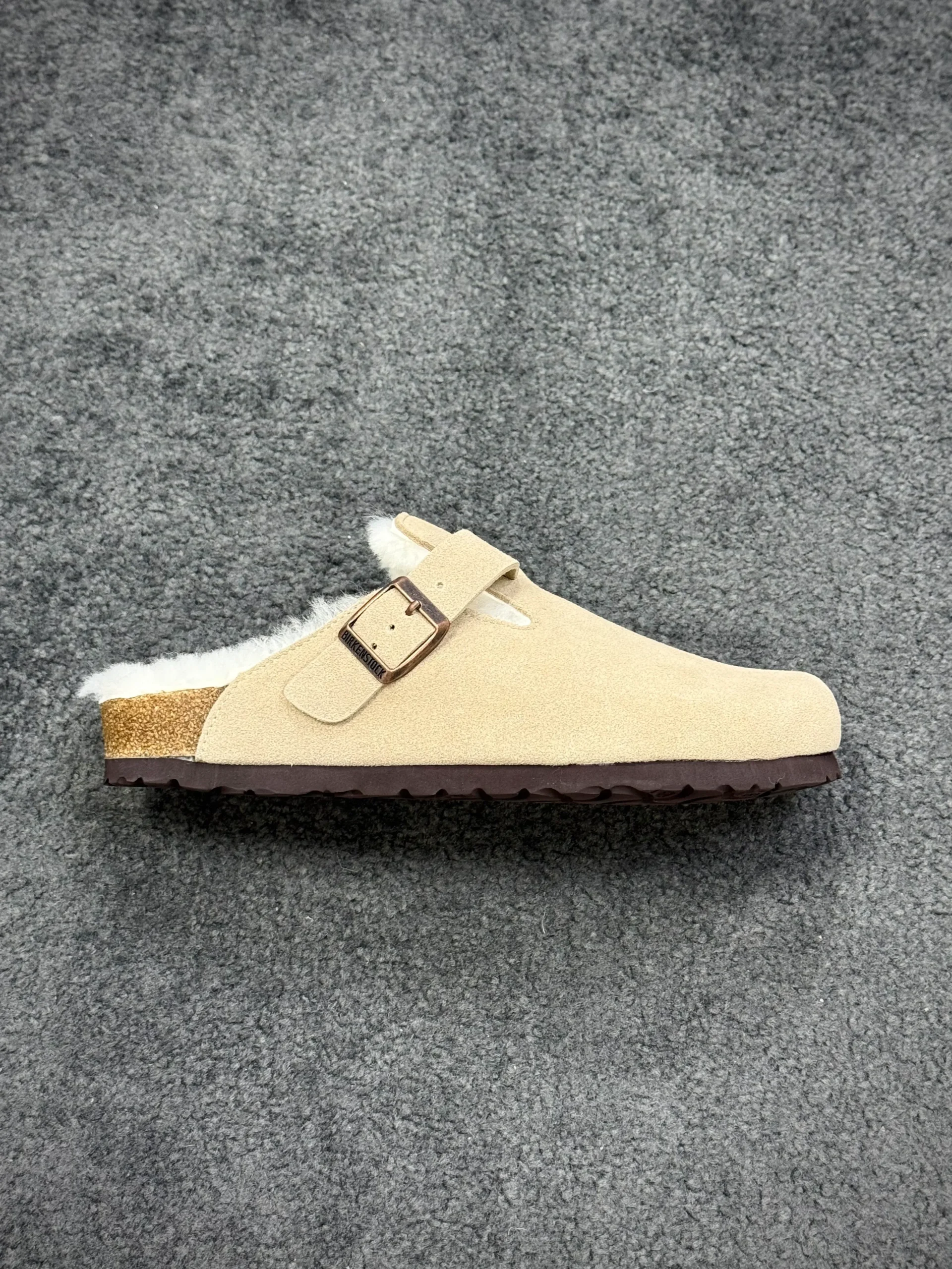 BK Boston Antique White Shearling-Lined Suede Leather Clogs Right Side View