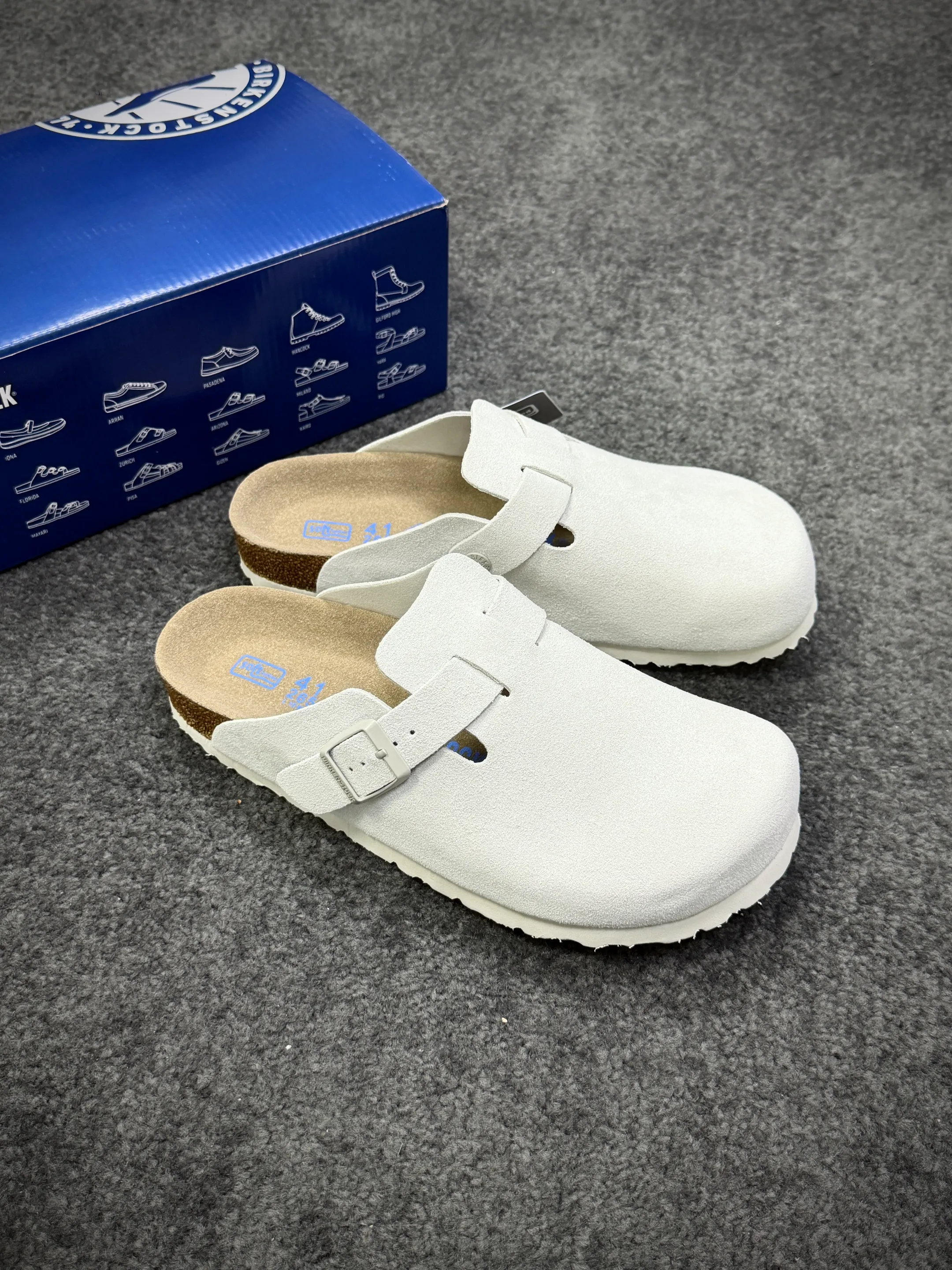 BK Boston Soft Footbed Light Grey Suede Clogs Angeled View
