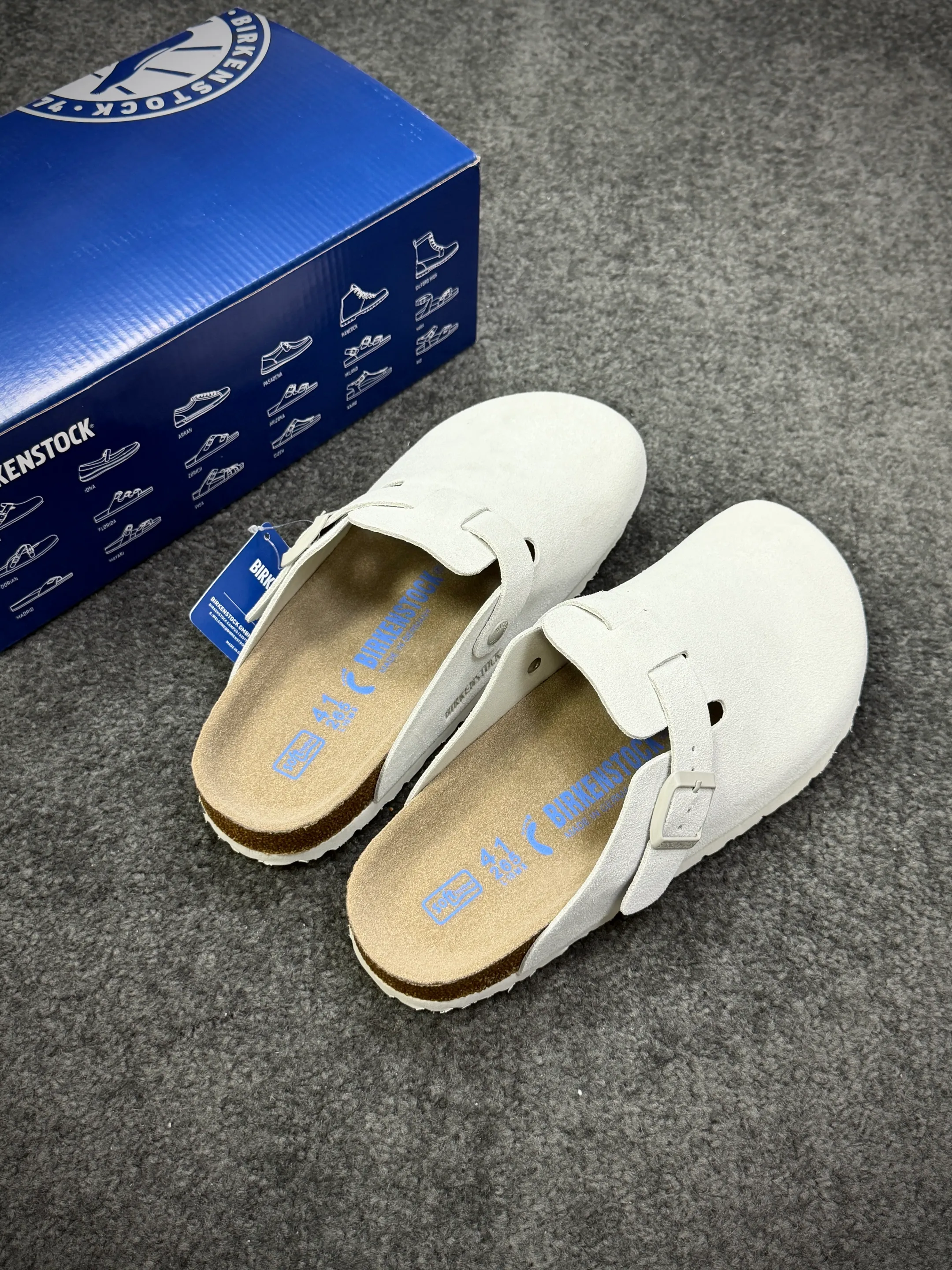 BK Boston Soft Footbed Light Grey Suede Clogs Angeled View