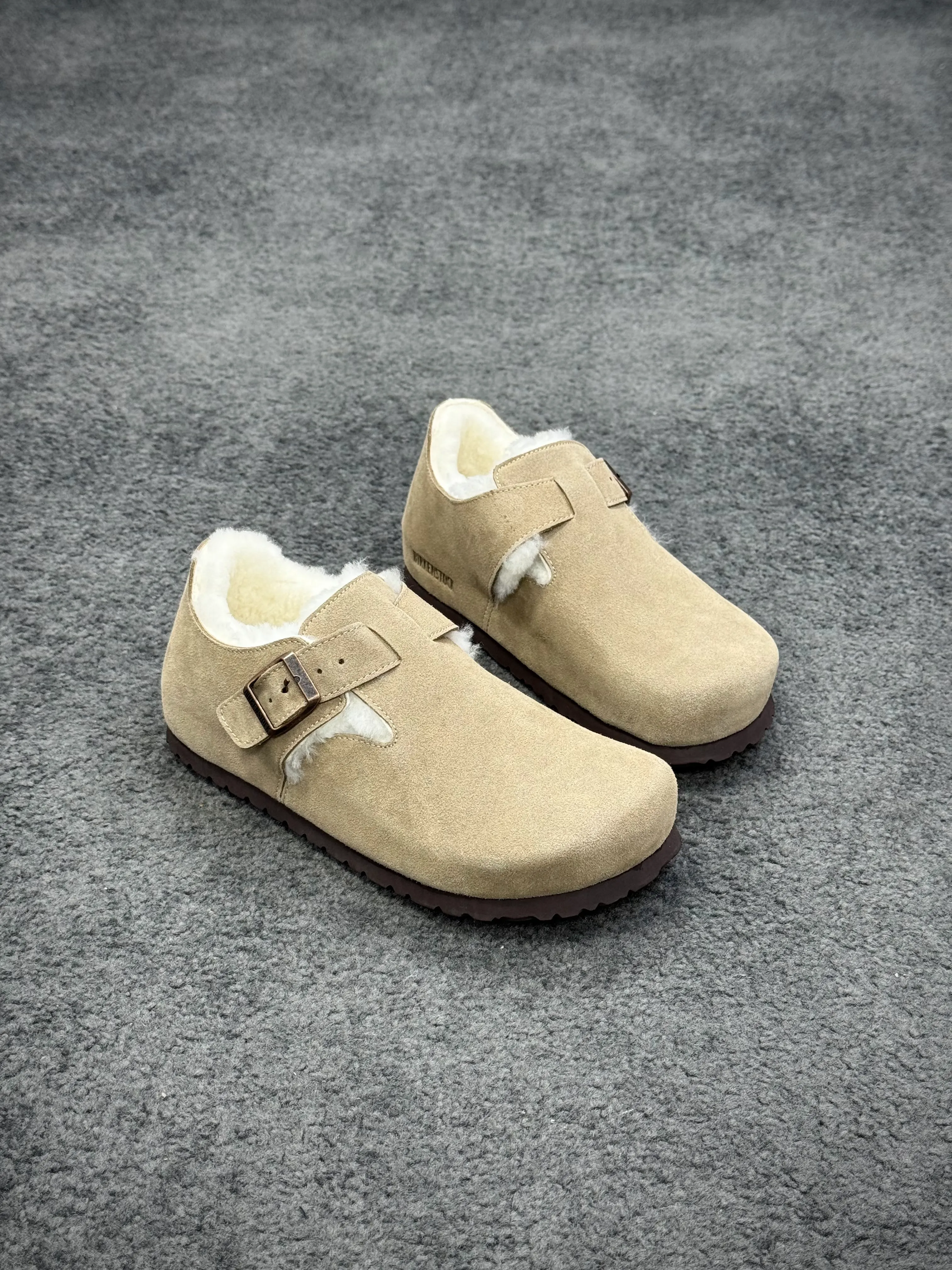 BK Boston Taupe London Shearling Clogs Angeled View