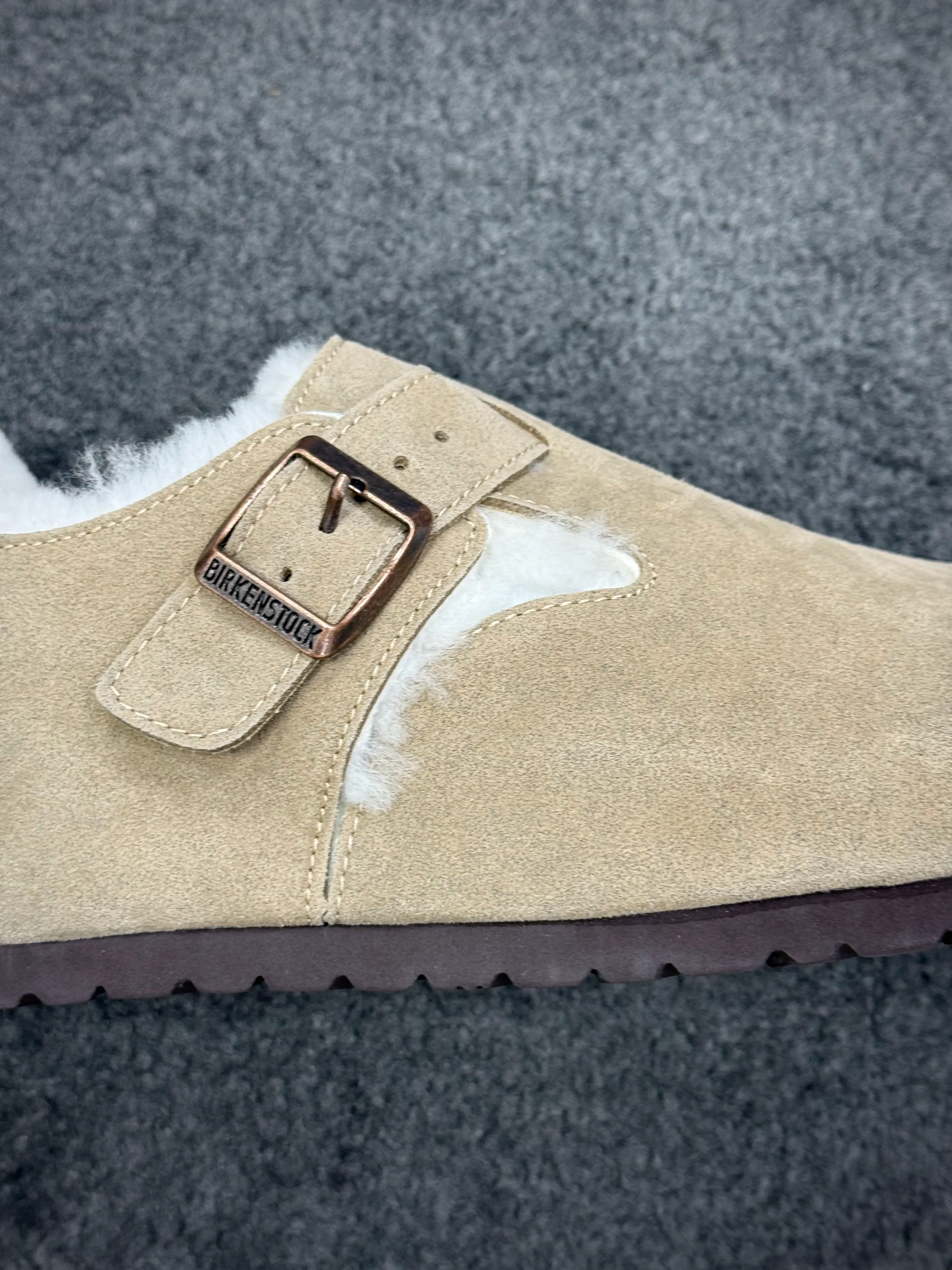 BK Boston Taupe London Shearling Clogs Strap Detail
