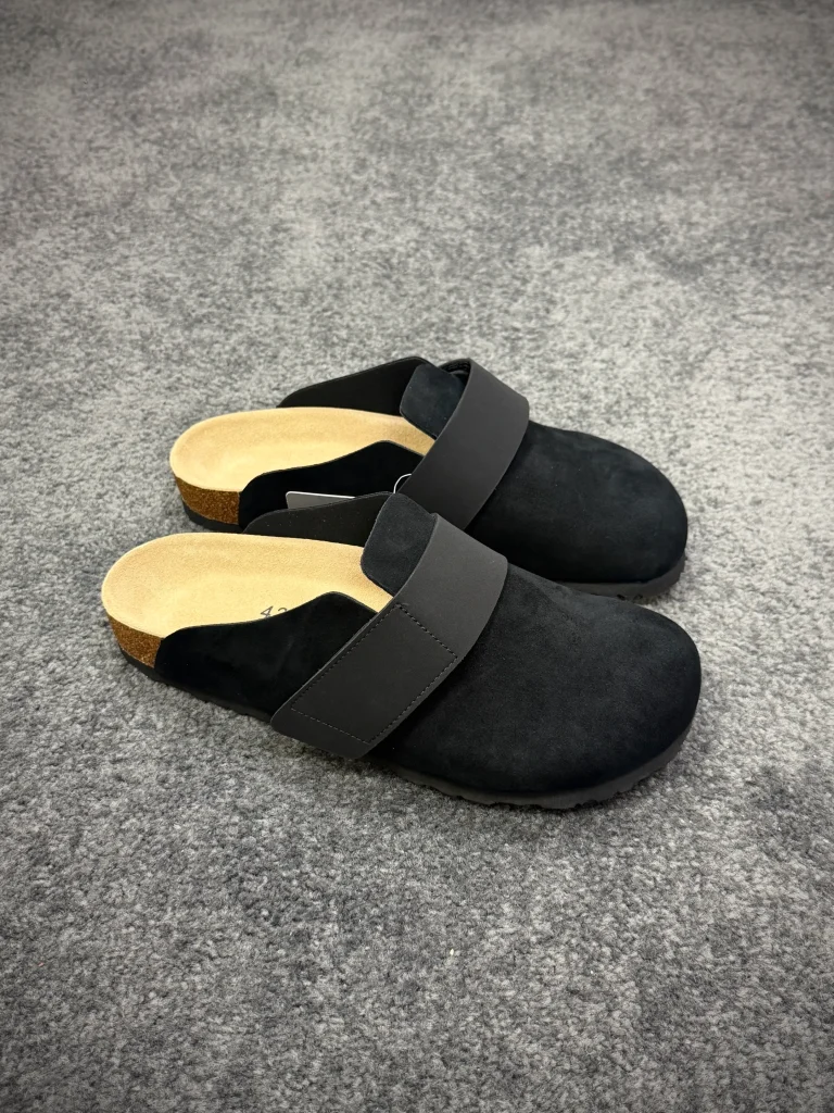 BK Loma Black Suede Velcro Clogs Angeled View