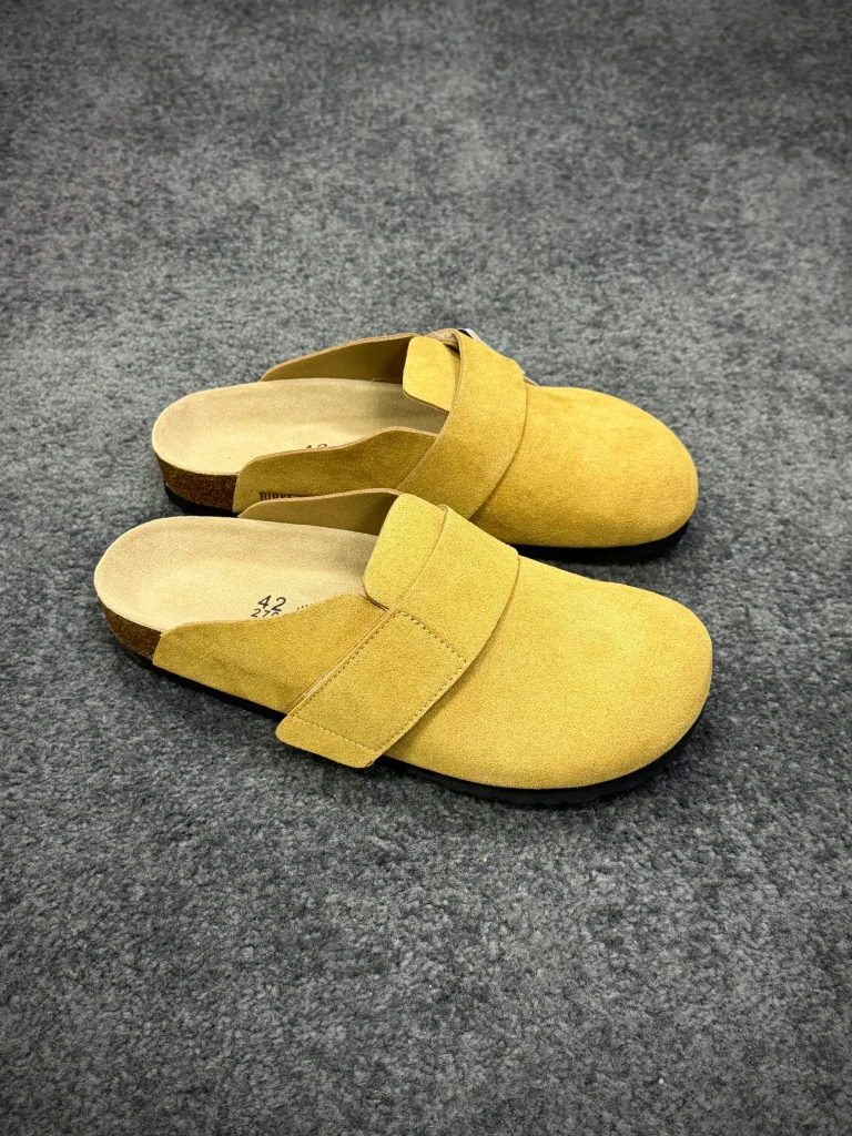 BK Loma Mustard Yellow Suede Velcro Clogs Angeled View