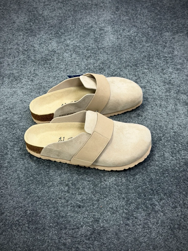 BK Loma Taupe Suede Velcro Clogs Side View