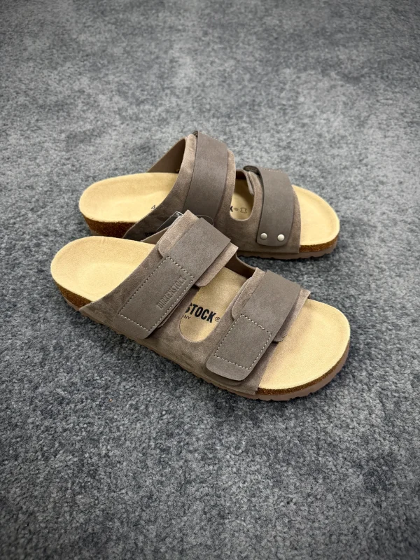 BK Uji "Taupe Suede" Double-Strap Sandals