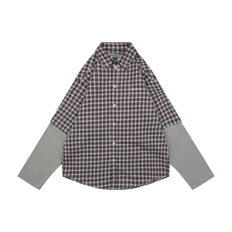 BLCG Red and Grey Plaid Faux Two-Piece Long-Sleeve Shirt
