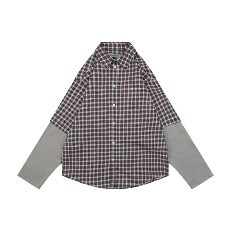 BLCG Red and Grey Plaid Faux Two-Piece Long-Sleeve Shirt