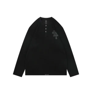 CH Black Cross Leather Patch Waffle Henley Long-Sleeve Shirt