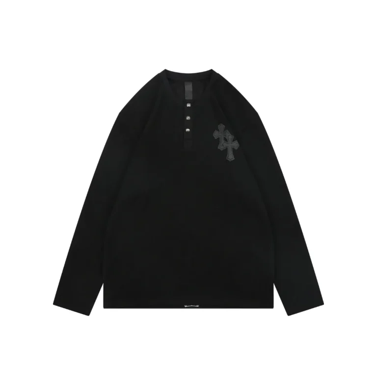 CH Black Cross Leather Patch Waffle Henley Long-Sleeve Shirt