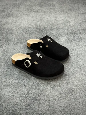 CH x BK Boston Black Suede Clogs Angeled View