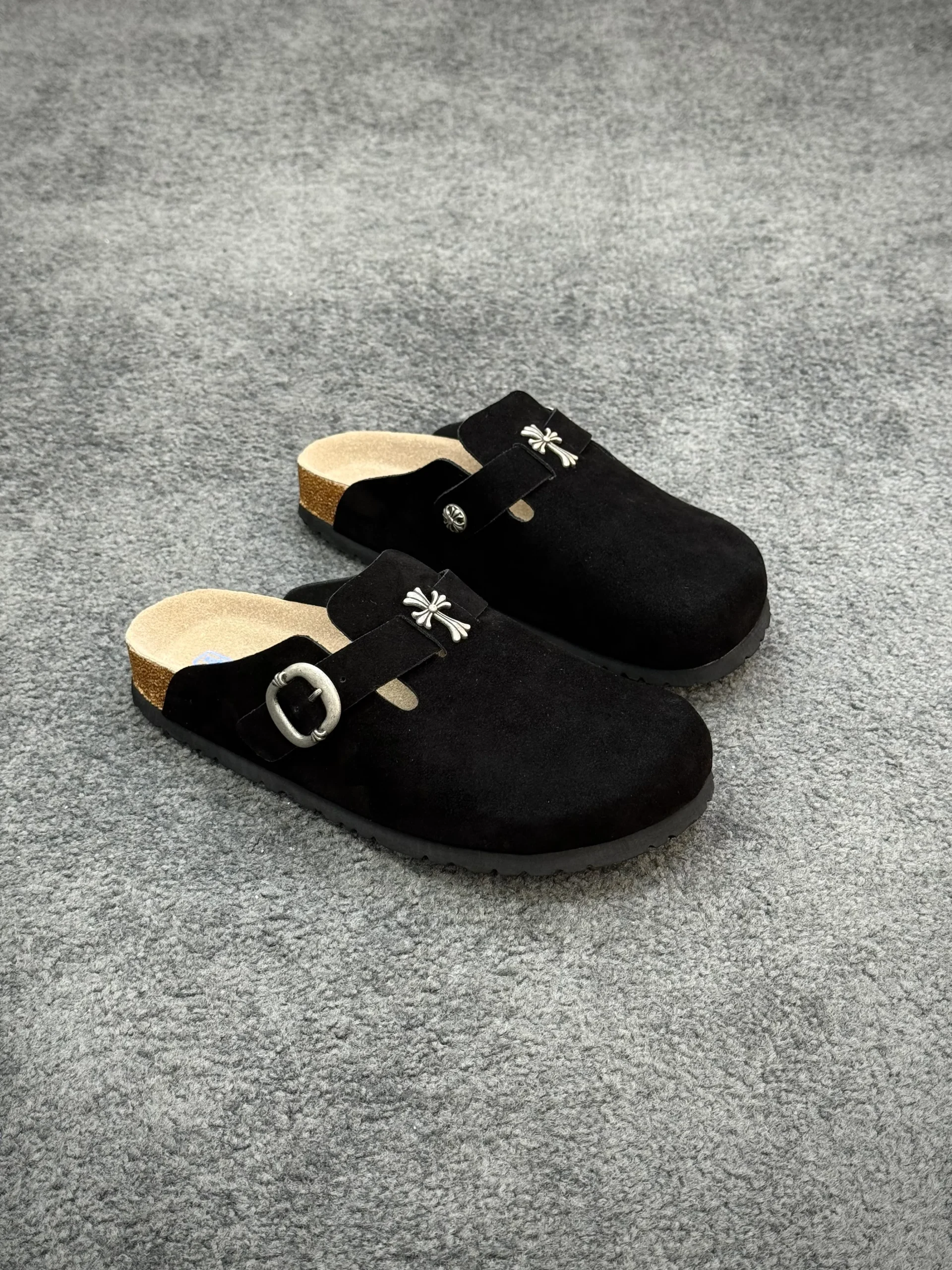 CH x BK Boston Black Suede Clogs Angeled View