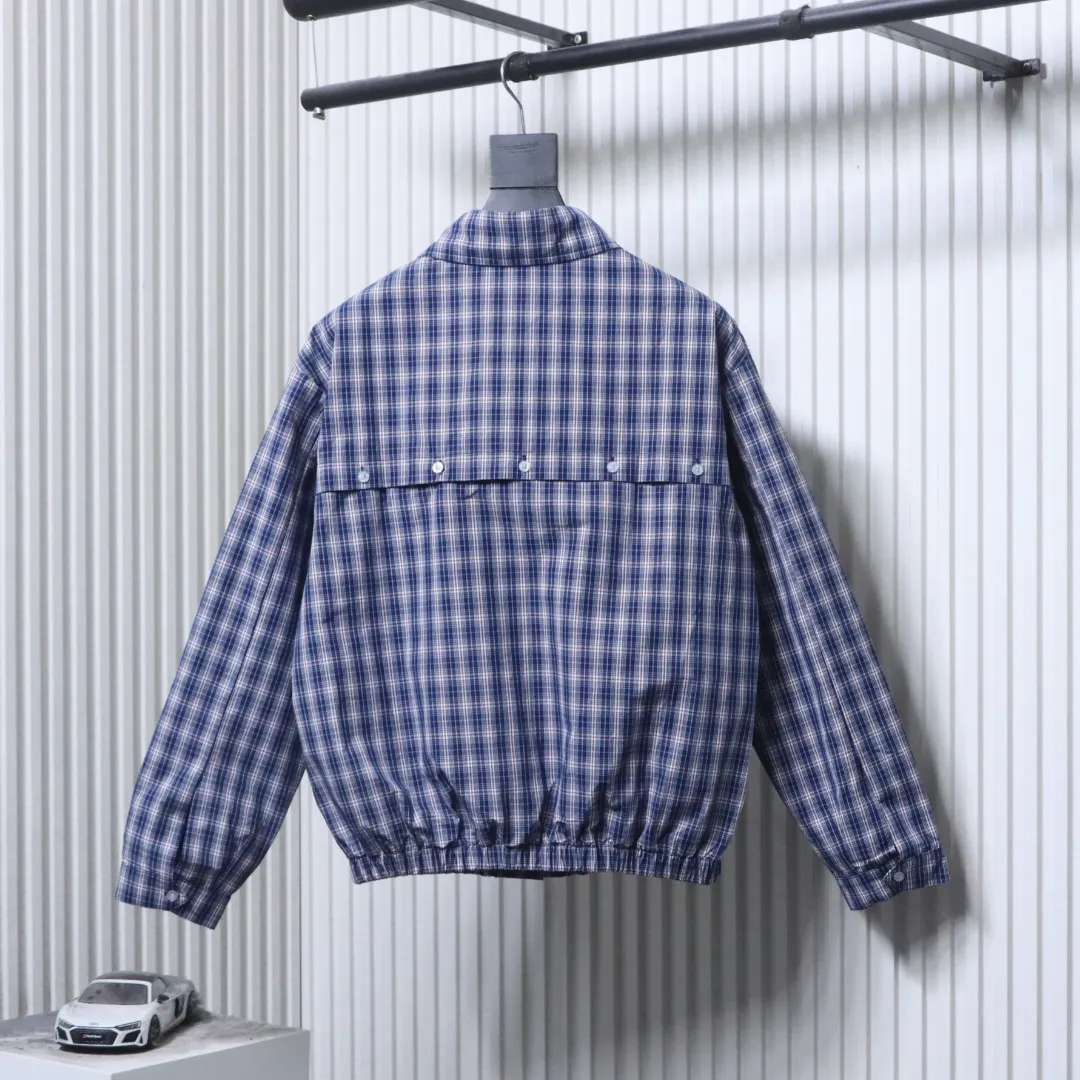 Back View MiuM Blue Plaid Embroidered Belted Jacket