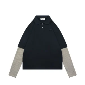 MiuM Faux Two-Piece Striped Polo Long-Sleeve Shirt