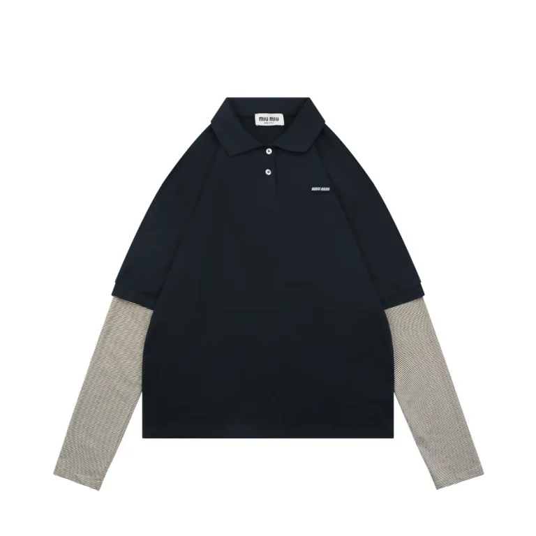 MiuM Faux Two-Piece Striped Polo Long-Sleeve Shirt
