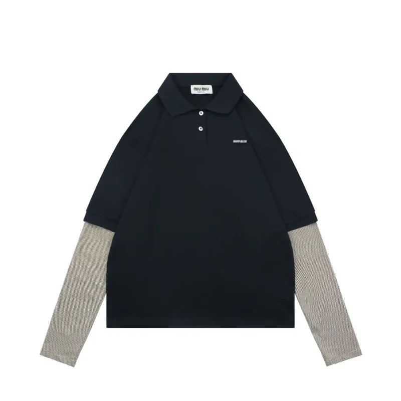 MiuM Faux Two-Piece Striped Polo Long-Sleeve Shirt