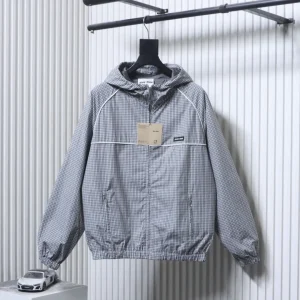 MiuM Gray Check Hooded Zip-Up Windbreaker Jacket