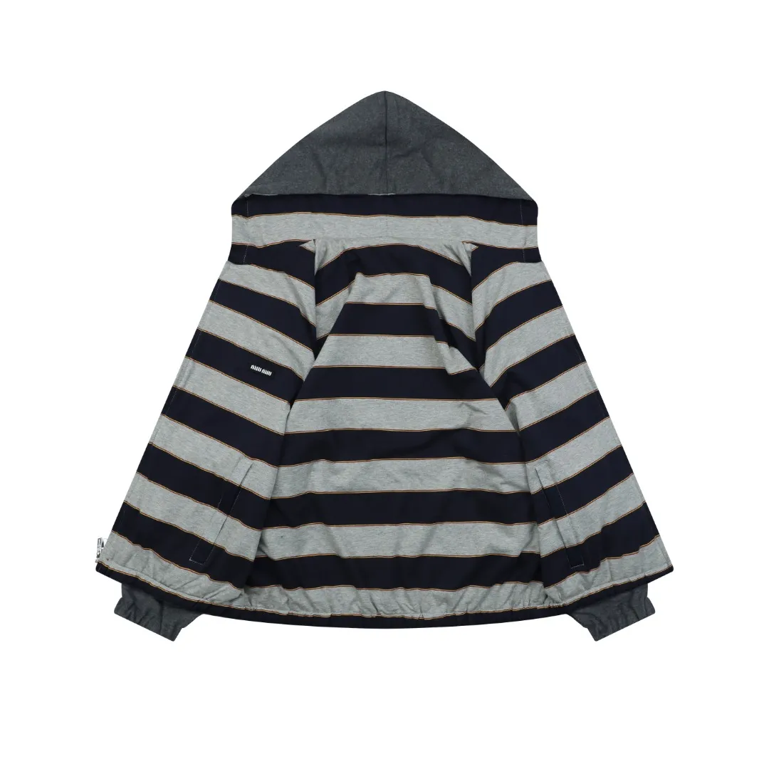 Back MiuM Navy Striped Reversible Fleece-Lined Hooded Jacket