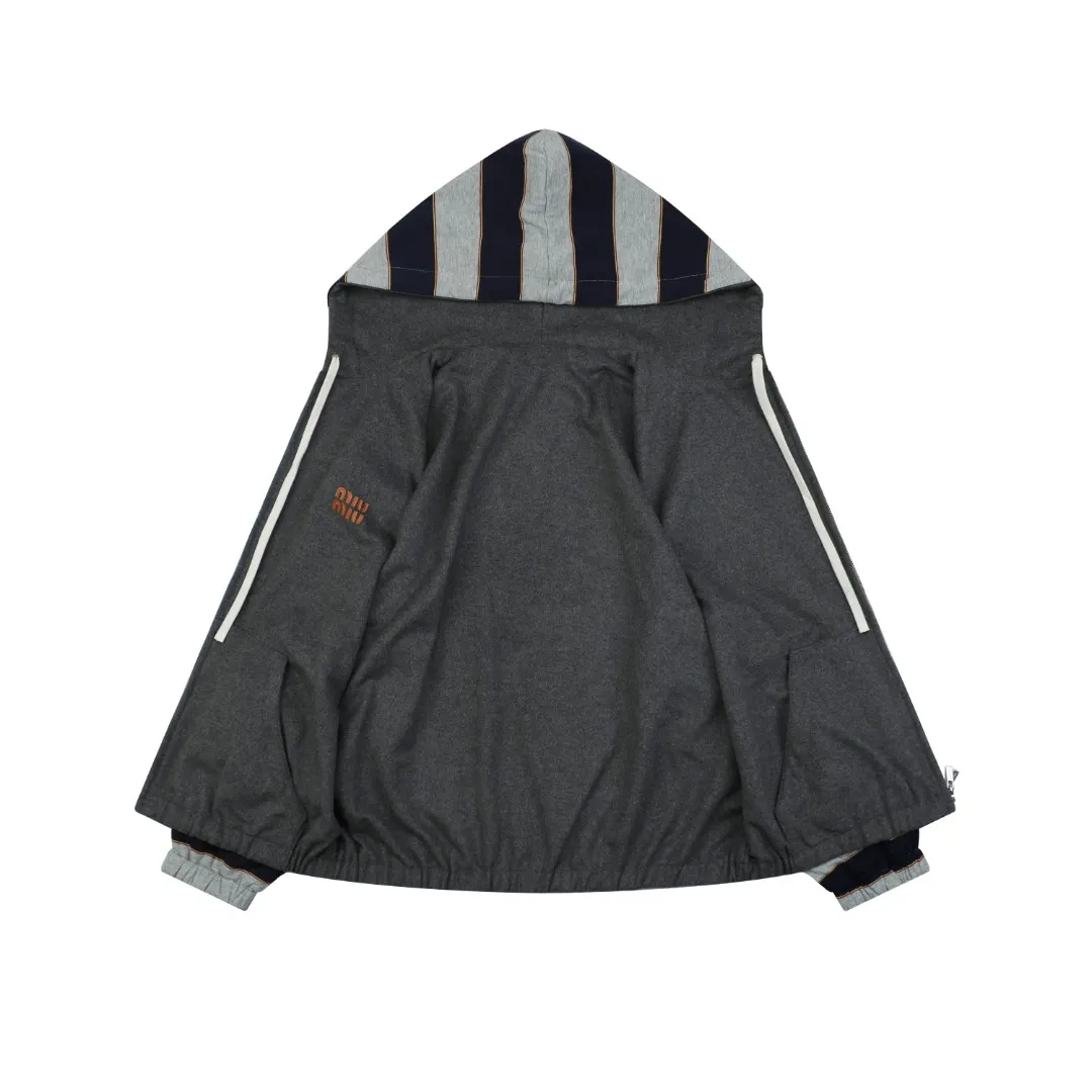 Back Reverse MiuM Navy Striped Reversible Fleece-Lined Hooded Jacket