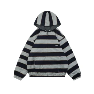 Reverse MiuM Navy Striped Reversible Fleece-Lined Hooded Jacket